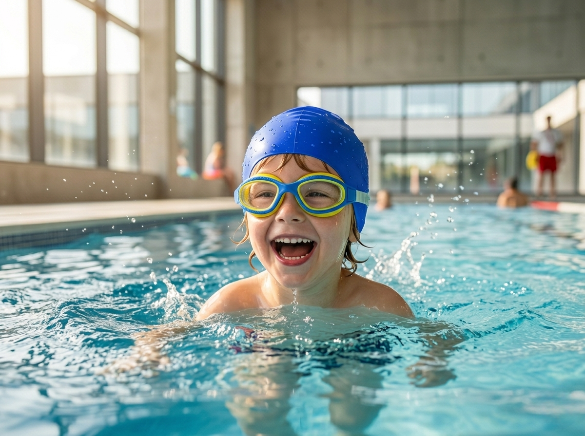 Happy child swimming in pool wearing JIMJOOS swim cap